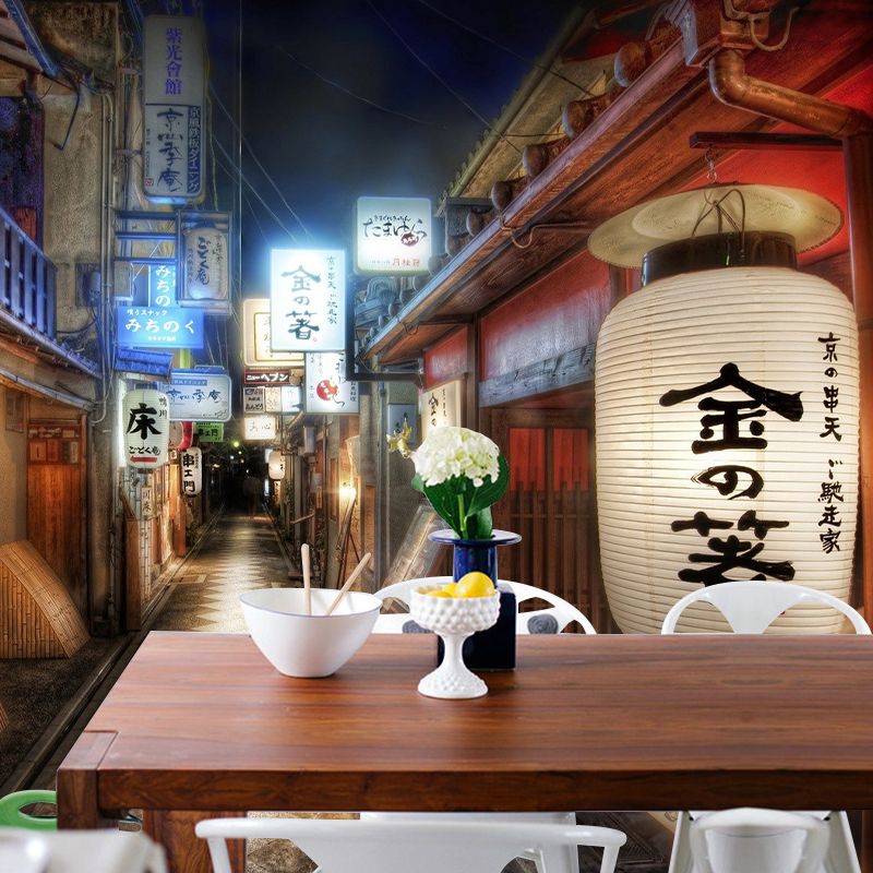 Traditional 3D Street Wall Art for Japanese Restaurant Decoration, Custom-Printed Wall Mural in Red and Brown