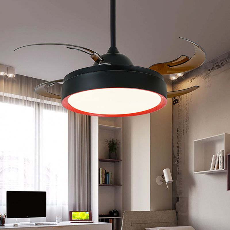 Eenvoud Ronde hanger ventilatorlamp 42 "W LED metalen semi -spoelplafondlicht in zwart voor slaapkamer, 4 bruine messen