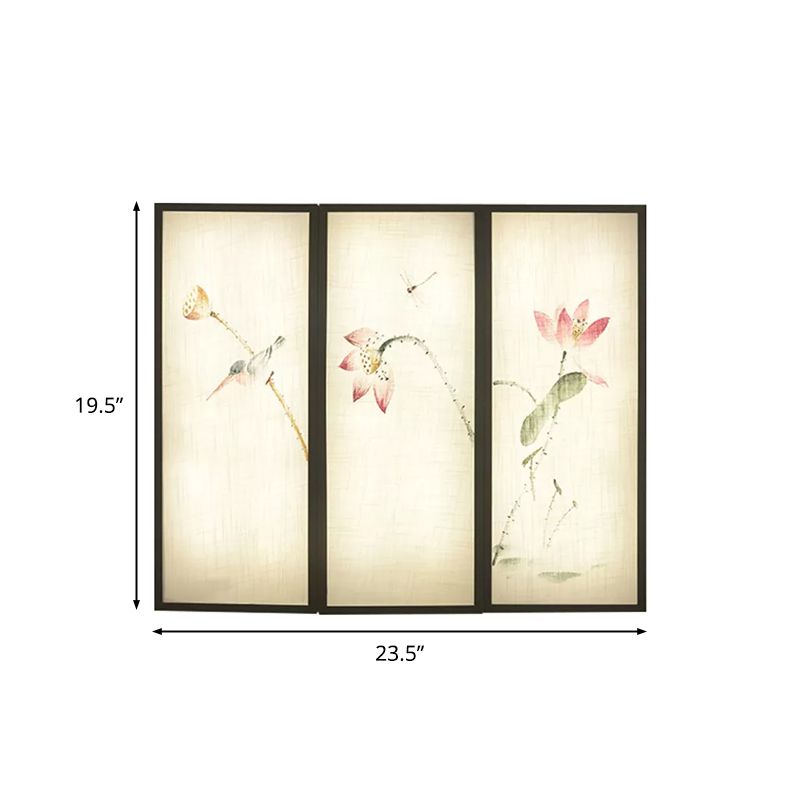 Black Panel Rectangular Mural Lamp Asia LED Fabric Wall Mount Lamp with Lotus Pattern