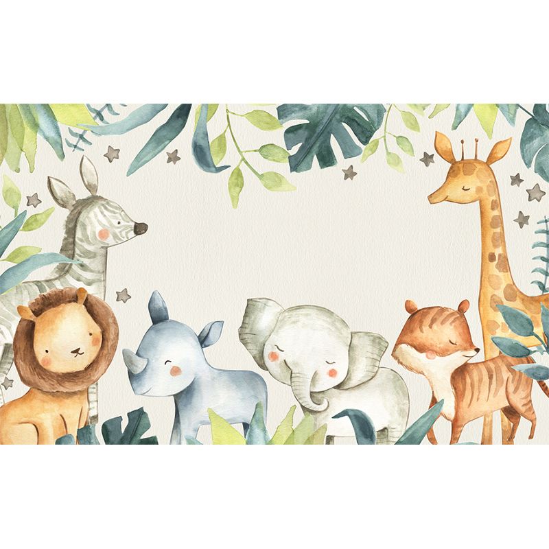 Cartoon Animals Wallpaper Mural for Baby Room Personalized Size Wall Decor in Beige