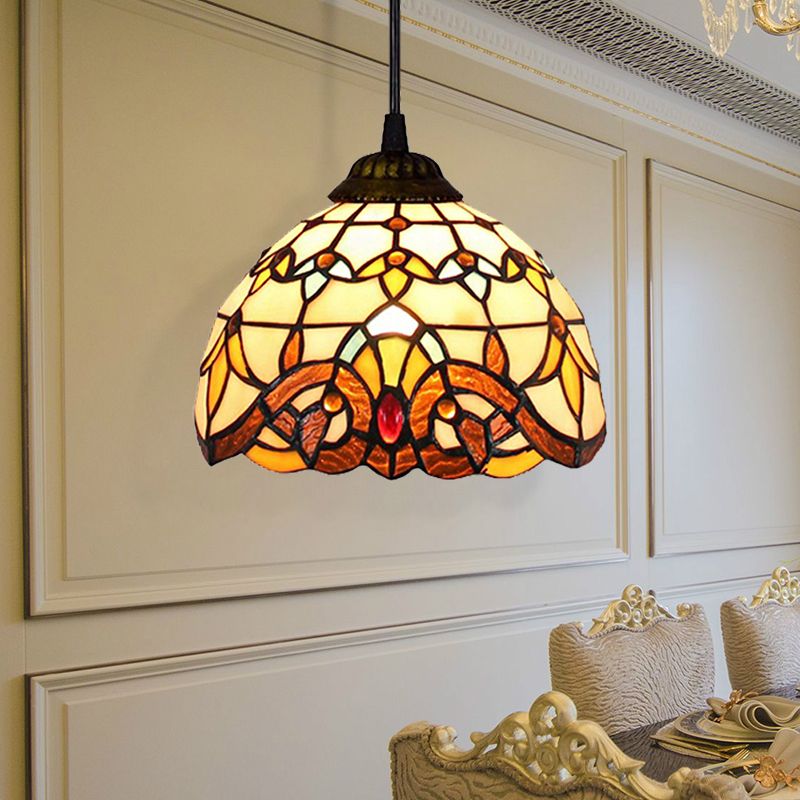 Gebrandschilderde koepel Suspensie Licht Victoriaanse stijl 1 Lichte Foyer Pendantverlichting in oude bronzen afwerking