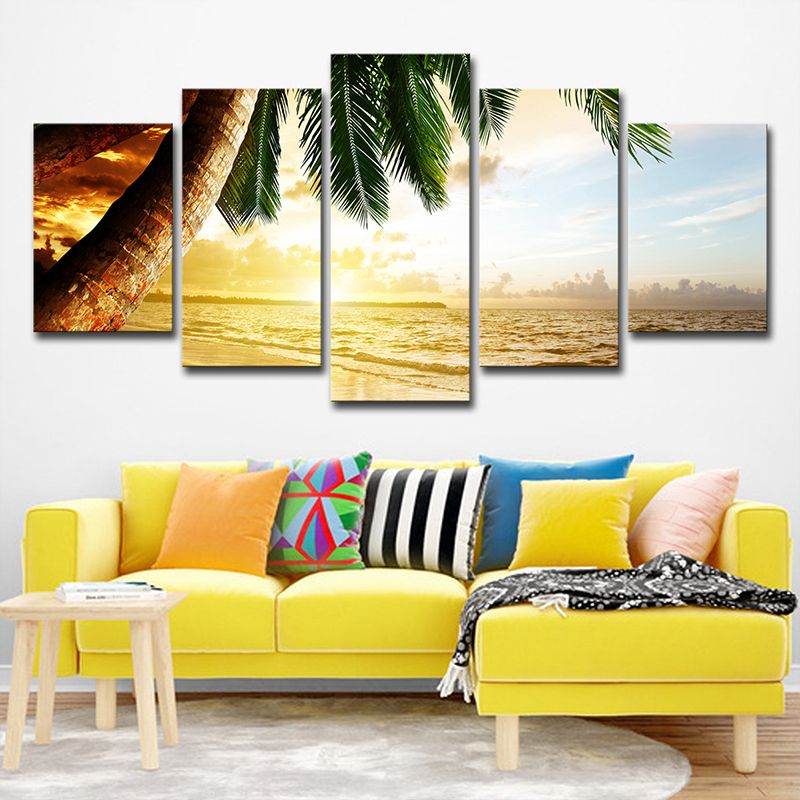 Beach Palm Tree Canvas Art Tropix Beautiful Sunset above Sea Scene Wall Decor in Gold