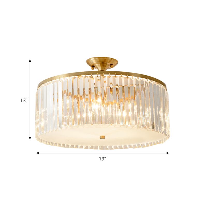 4/5/6 Bulbs Drum Semi Flush Ceiling Light Modern Clear Crystal Ceiling Lamp in Gold for Living Room