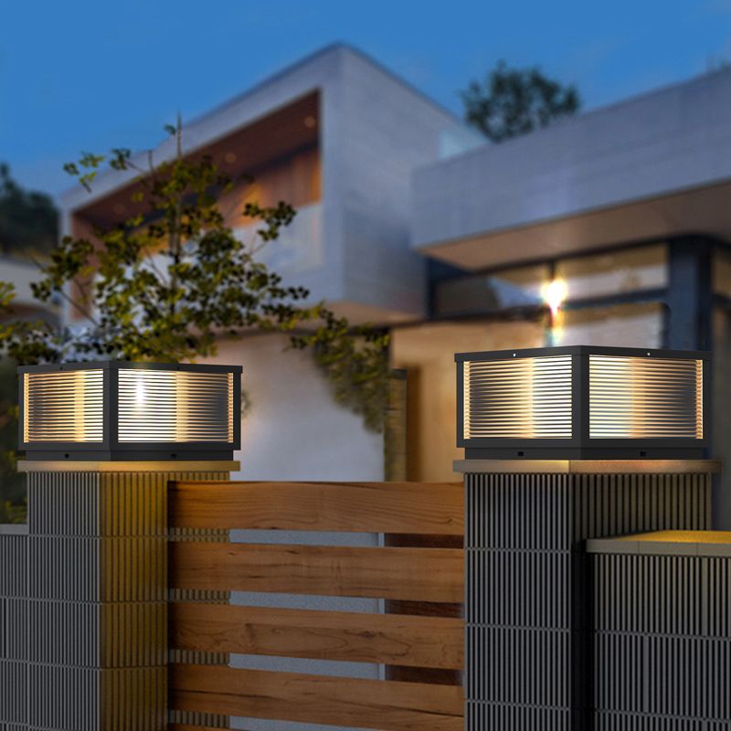 Geometric Shape Metal Solar Pillar Lamp Modern Style 1 Light Outdoor Lights in Black