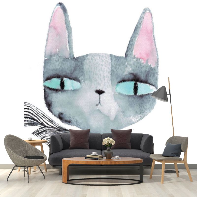 Childrens Art Cartoon Cat Murals Grey Stain-Resistant Wall Covering for Girls Bedroom