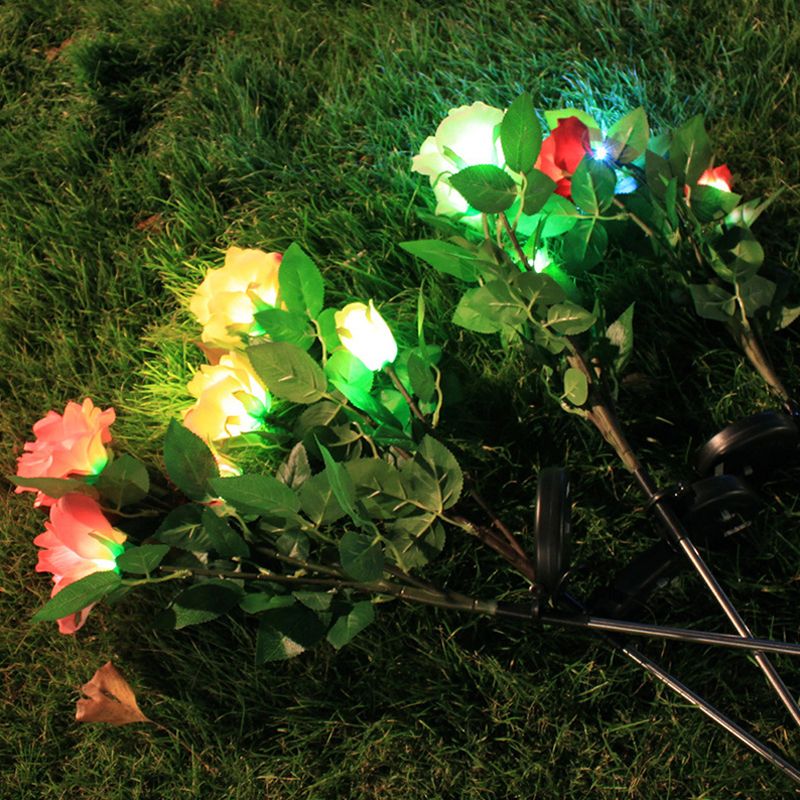 Rose Bouquet Pathway LED Lawn Lighting Plastic 3 Bulbs Decorative Solar Stake Light