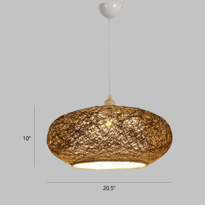 Minimalist Round Pendant Lighting Fixture Rattan 1 Head Tearoom Ceiling Hang Lamp in Dark Tan