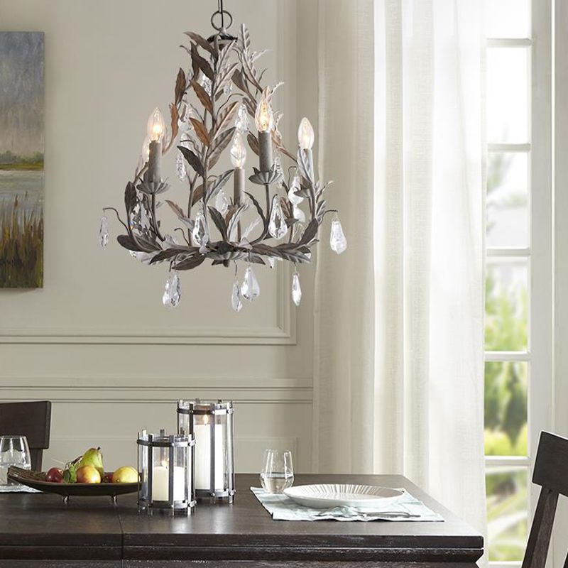 Metal Leaf Chandelier Lamp Modernism 5 Bulbs Grey/Distressed White Suspended Lighting Fixture with Crystal Drop