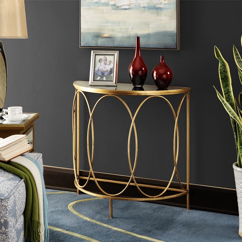 Modern Half Moon Console Table Stone Console Sofa Table in Gold and White