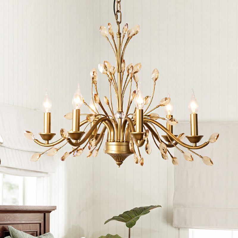 Candlestick Schlafzimmer Anhänger Leichte Vintage Metall 6 Lampenlampen Gold Kronleuchter mit Kristalldekoration