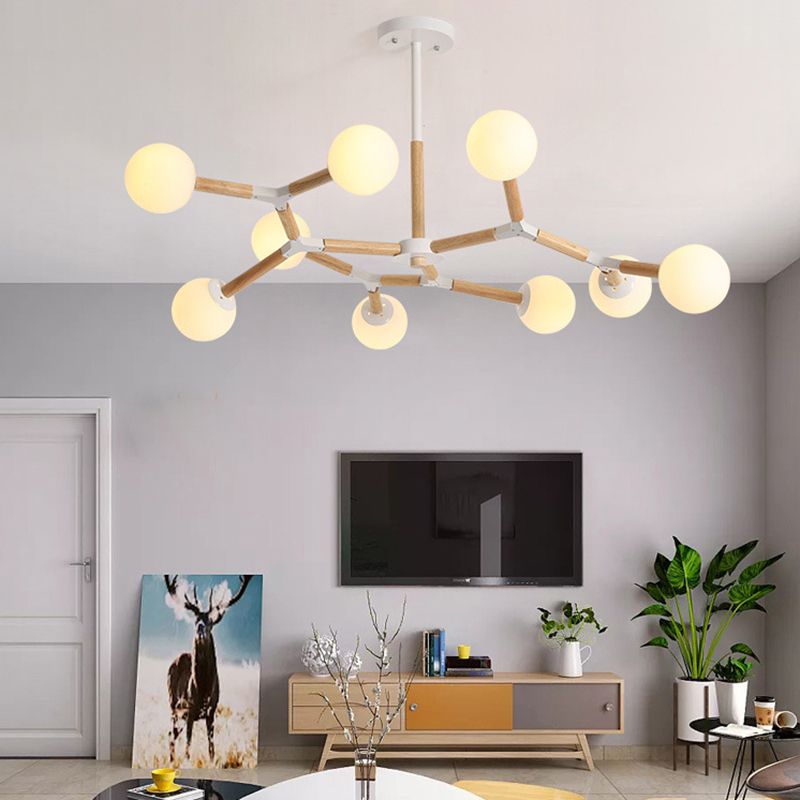 Nordic Ball Suspension Light Handblown Glass Dining Room Chandelier Light in Wood
