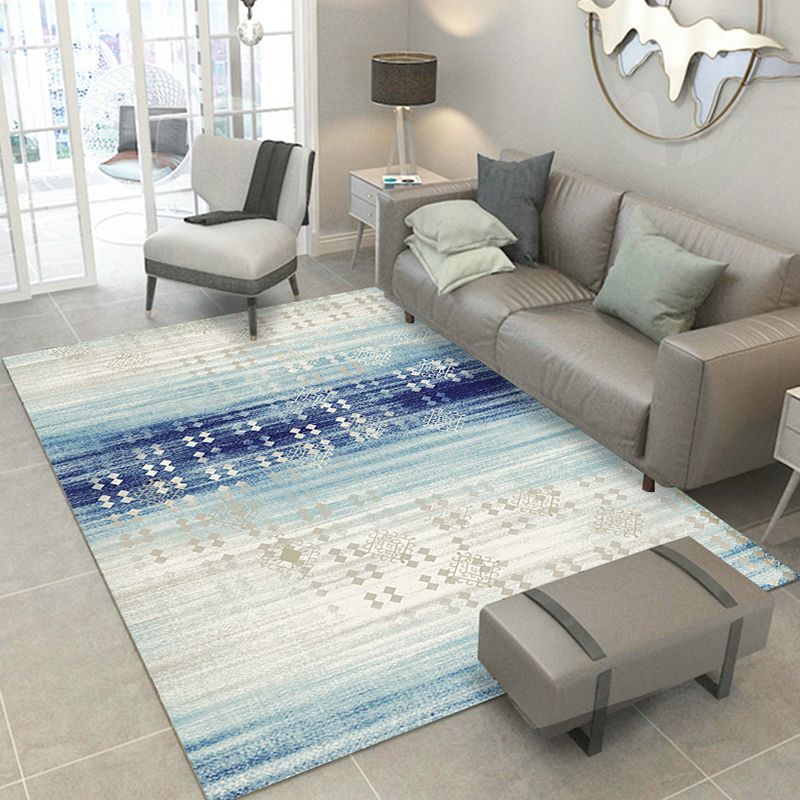 Blue Modern Area Carpet Geometric Print Area Rug Polyester Non-Slip Backing Rug for Home Decor
