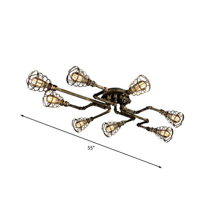 Tubo trenzado de bronce cerca de la lámpara de techo con pantalla de jaula Iluminación de techo interior de metal de estilo antiguo con 8 luces