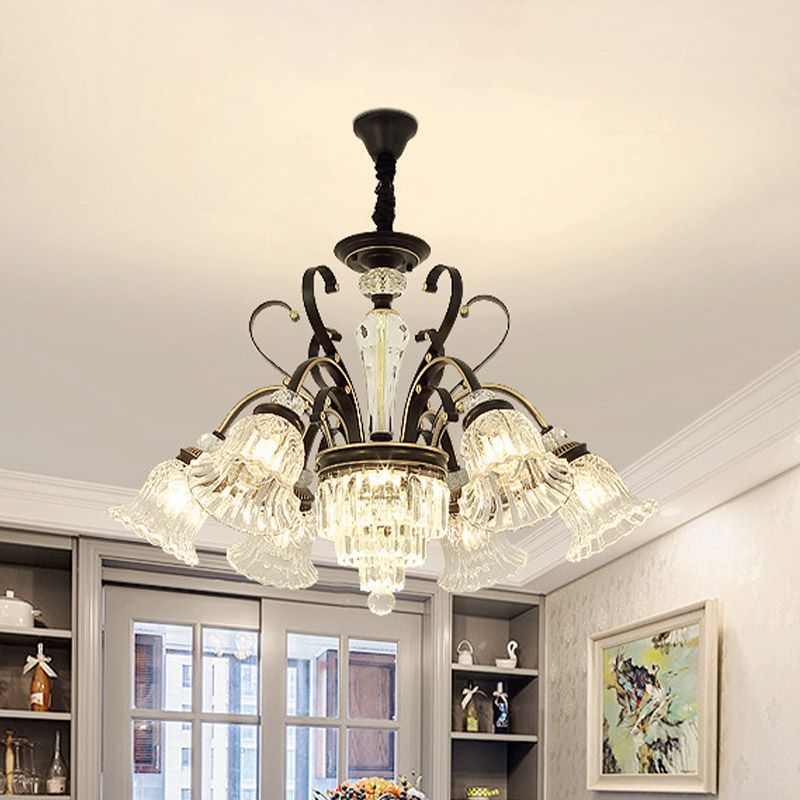 6/8 Heads Clear Glass Chandelier Countryside Black Bell Living Room Ceiling Suspension Lamp