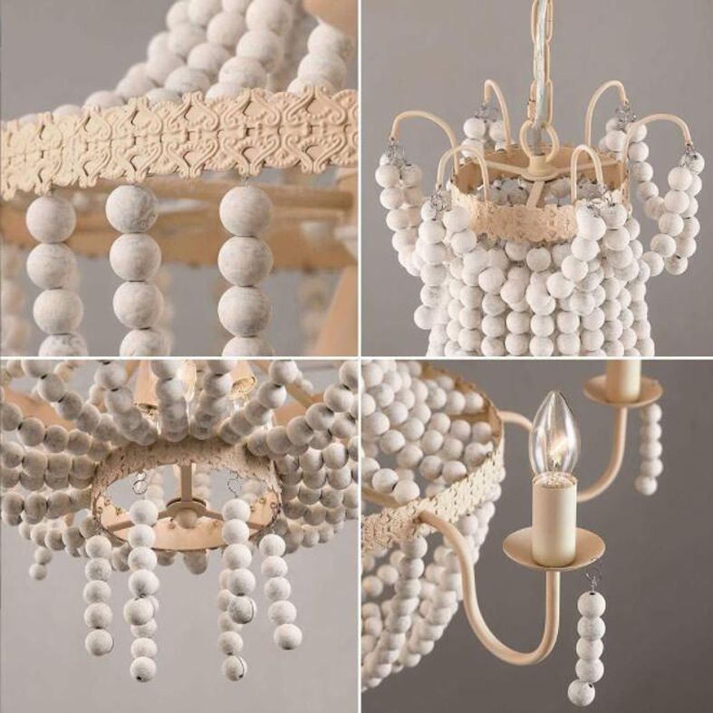 Distressed White Beaded Chandelier Country Style Wooden Living Room Pendant Light
