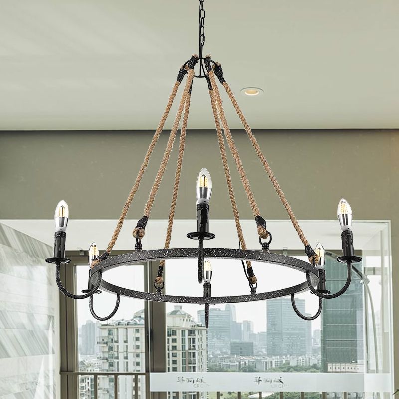 Vintage Candle Chandelier Lamp with Open Bulb 6 Heads Metal and Rope Ceiling Pendant Lamp in Black/Rust for Restaurant