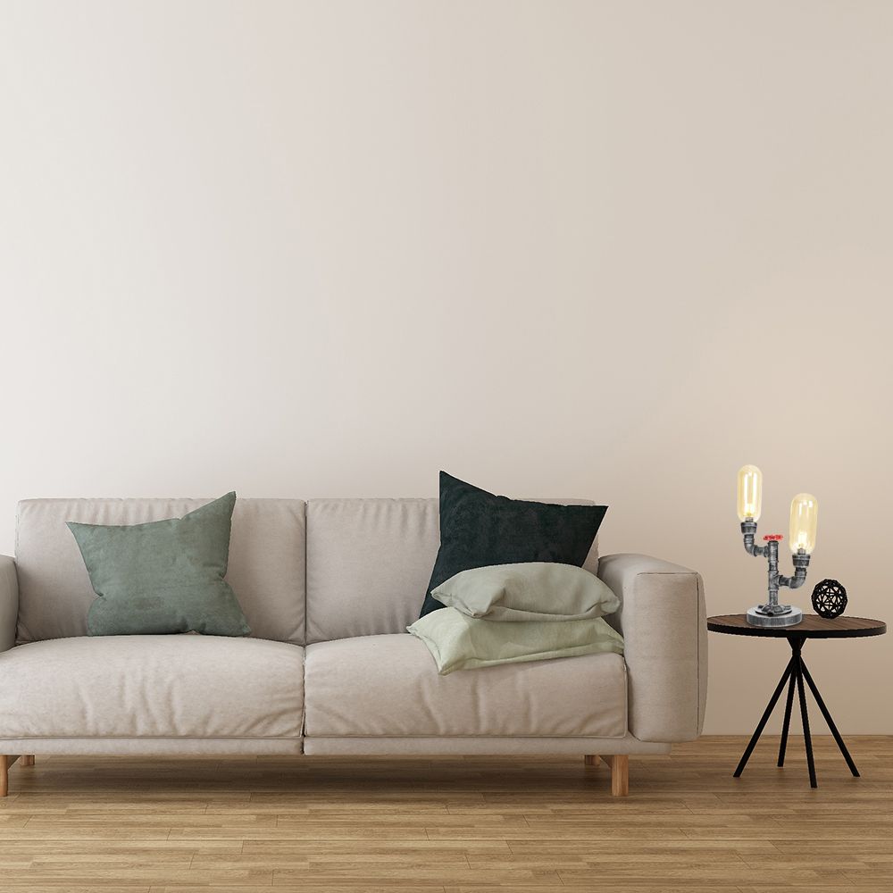 Lámpara de escritorio industrial de 2 luces con pantalla de cápsula de luz de mesa plateada antigua de vidrio transparente/ámbar para sala de estar