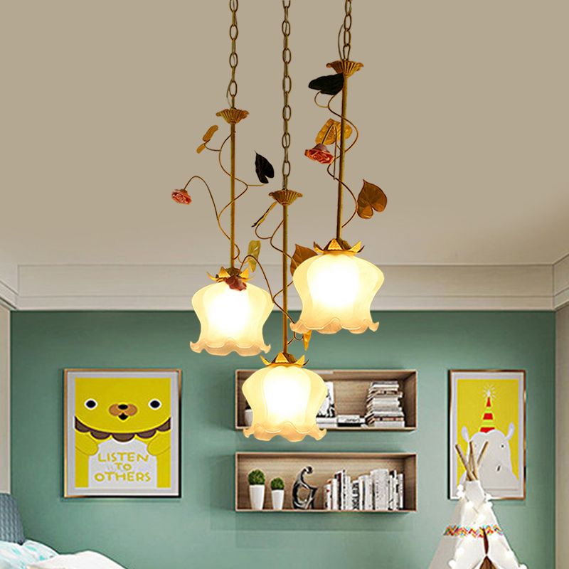 Green 3 Lights Down Lighting Pastoral Frosted Glass Cluster Flower Pendant with Lettuce Edge and Round/Linear Canopy