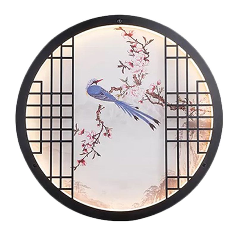 Round Ultrathin Bedroom Wall Art Fabric LED Chinese Mural Light with Bird and Flower Branch Pattern in Black