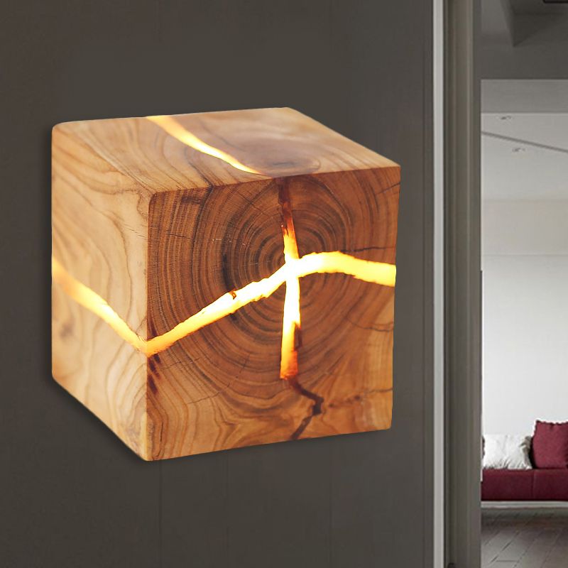 Rustic Style Cracked Cube Wall Light Wood Sconce Light for Kids Bedroom Nursing Room