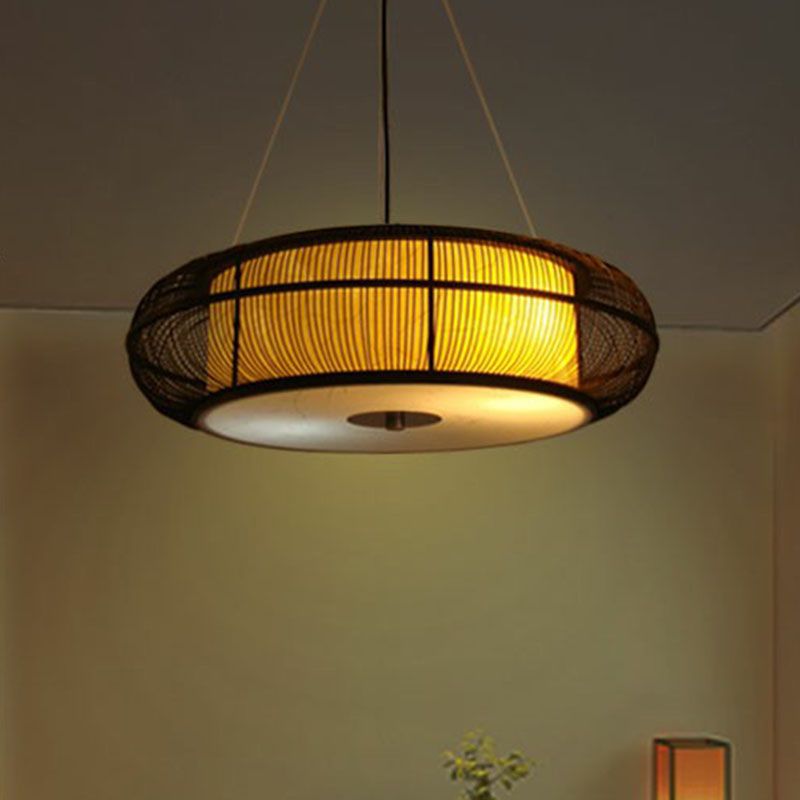 Curved Drum Suspension Light South-east Asian Bamboo Tea Room Chandelier Lighting