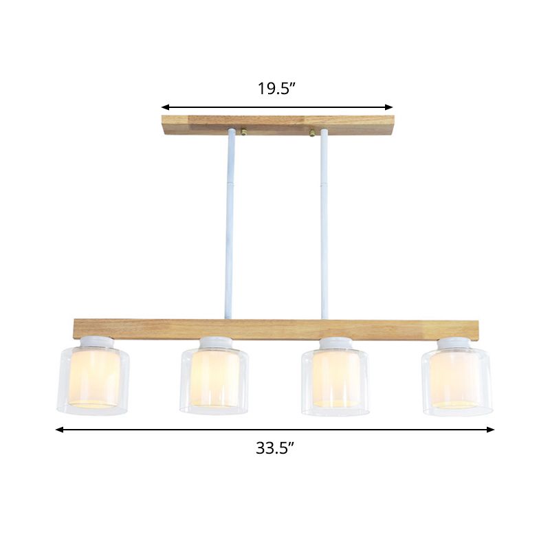 Nordic Linear Island Light Wood 3/4 Heads Dining Room Hanging Lamp with Cylinder White Glass Shade Inside