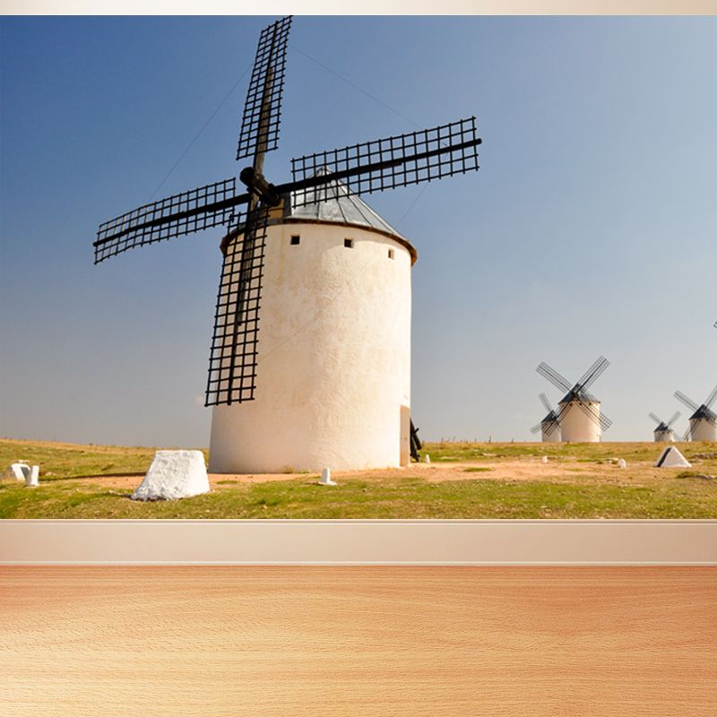 Romantic Windmill Scene Mural Decal for Girls Bedroom, Blue, Custom Size Available