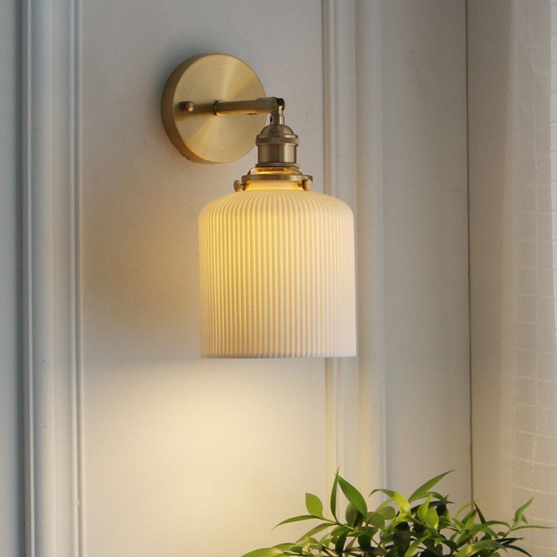 White Modern Metal Wall Sconce Geometric Shape Vanity Lamp with Ceramic Shade for Bathroom