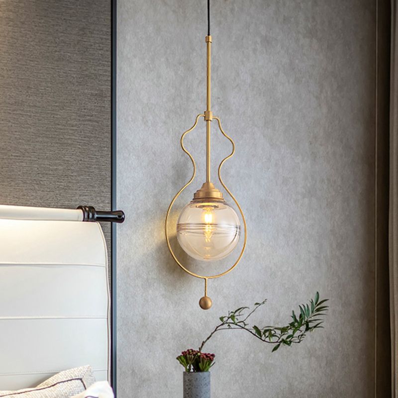 Lampada a soffitto a sfera a sfera di vetro trasparente Postmoderno a pendente sospeso a 1 luce con telaio di terra in oro