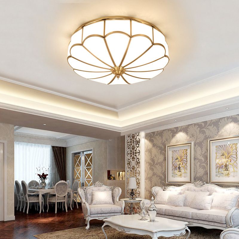 Flush Mount Ceiling Fixture Traditional Bedroom Flush Ceiling Light Fixture with Flower Glass Shade in Brass