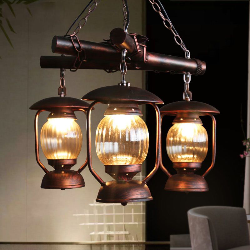 Red Brown 3 Lights Chandelier Light Fixture Antique Kerosene Pendant Lighting for Dining Room