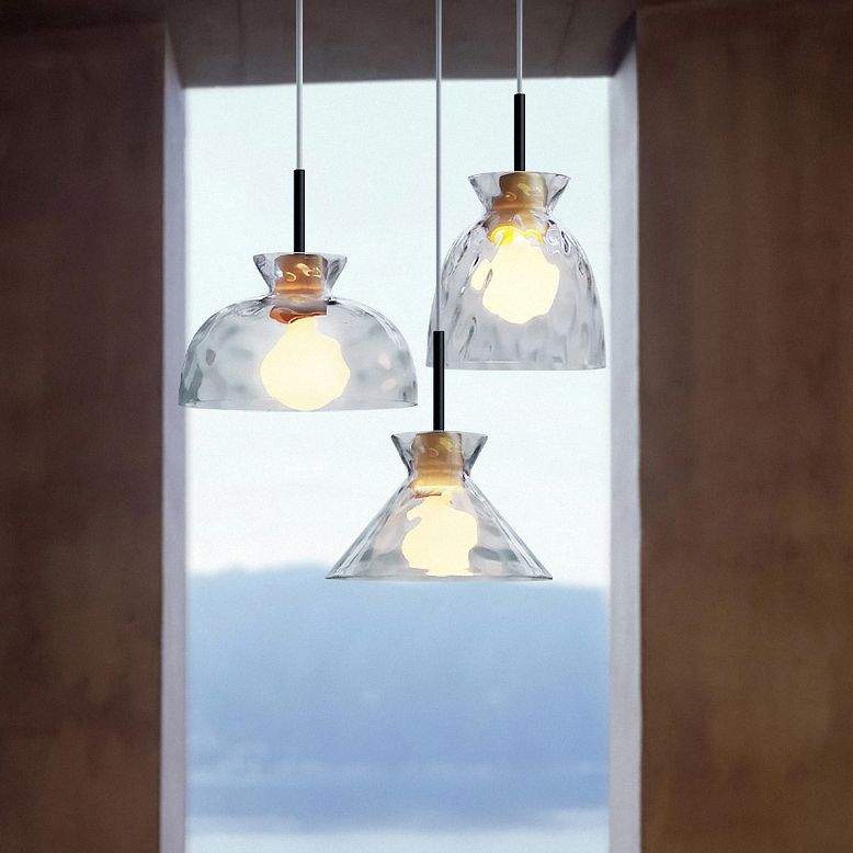 Clear Rippled Glass Shaded Pendant Nordic 1 Head Wood Suspension Light for Dining Room