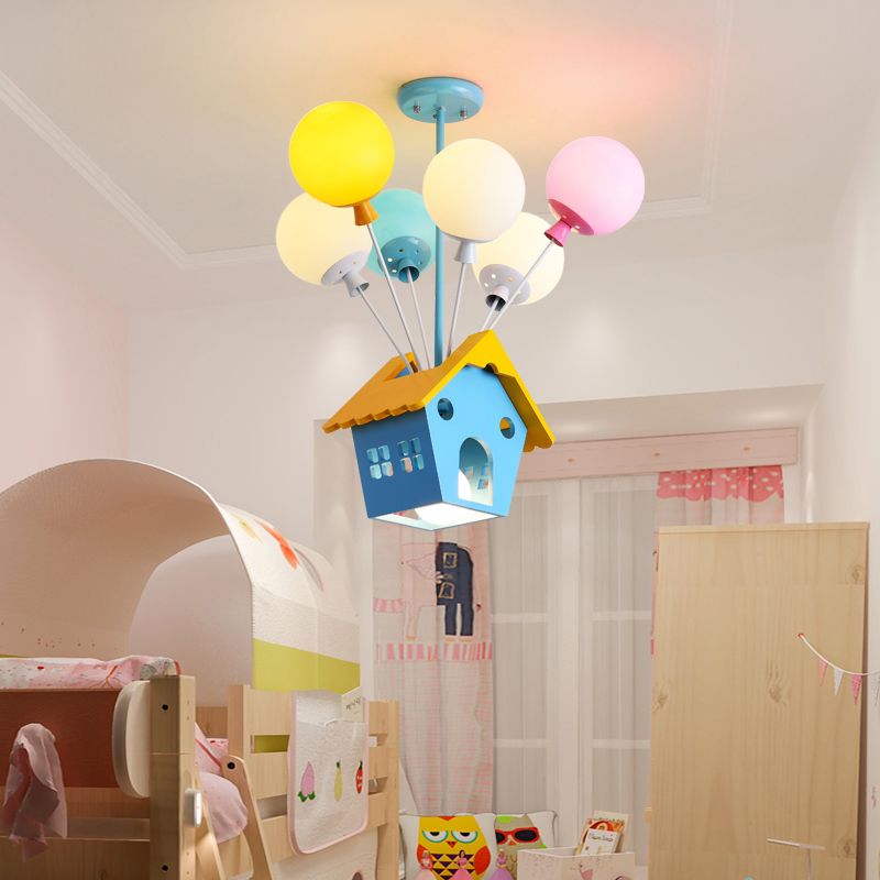 Blue Balloon House Hanging Lamp Cartoon 6 Bulbs Wooden Chandelier with Multi-Colored Glass Shade