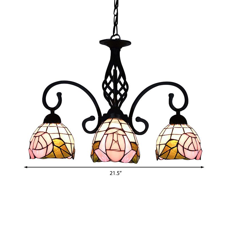 3 Lights Domed Chandelier Retro Style Stained Glass Floral Inverted Chandelier in Pink