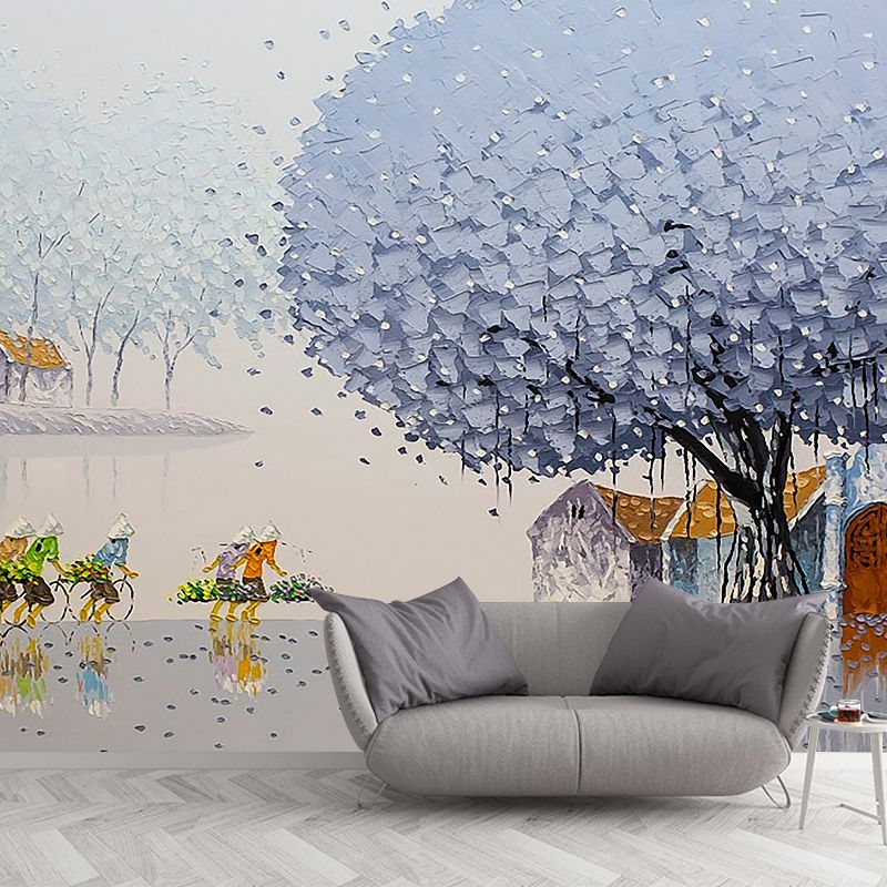 Classic Farming Drawing Wall Mural Grey and Purple Art Wall Decoration for Living Room