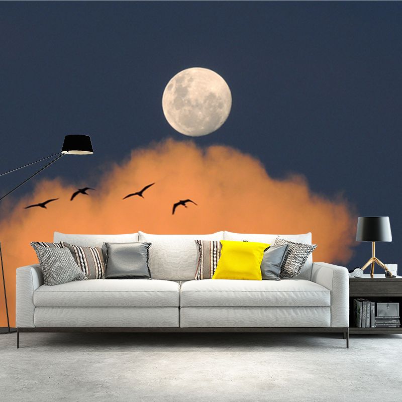 Modern Dusk Scenery Mural in Yellow-Blue Bird Flock and Moon Wall Art for Bedroom