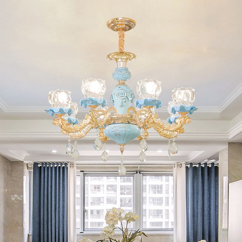 Flower Ribbed Glass Chandelier Lighting Classic Living Room Pendant Light with Crystal Draping in Blue