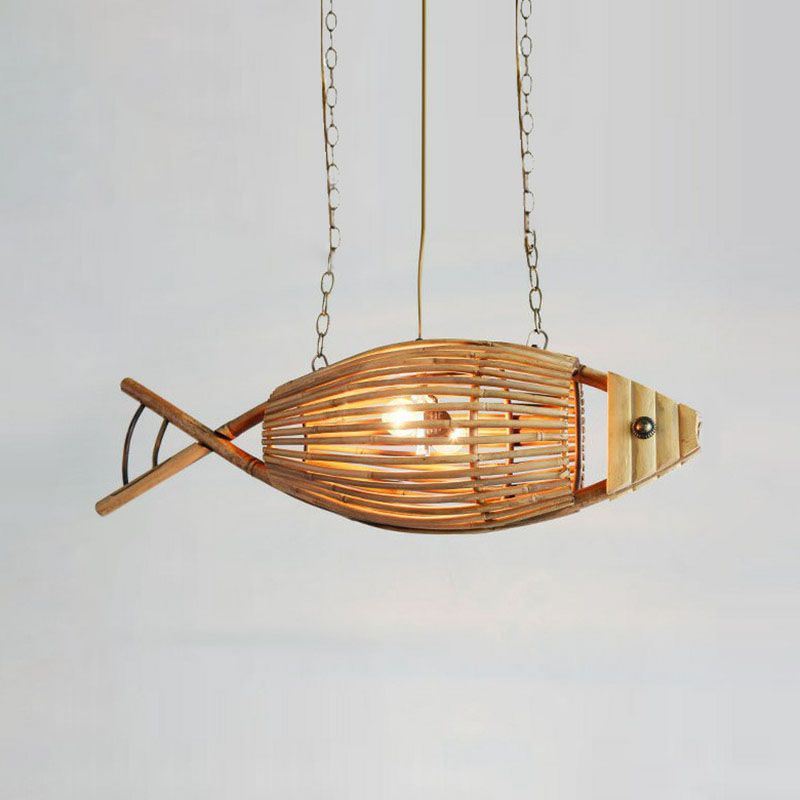 Bamboo Fish Suspension Light Asian Style Single Chandelier Light in Wood for Restaurant