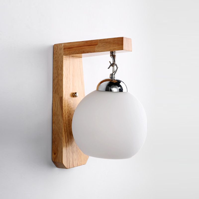 Nordic Wood Wall Light Globe 8" Wide Wall Sconce with White Glass for Living Room