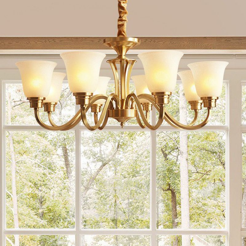 Traditional Flared Up Chandelier Semi-Opaque Glass Pendant Light Fixture in Brass
