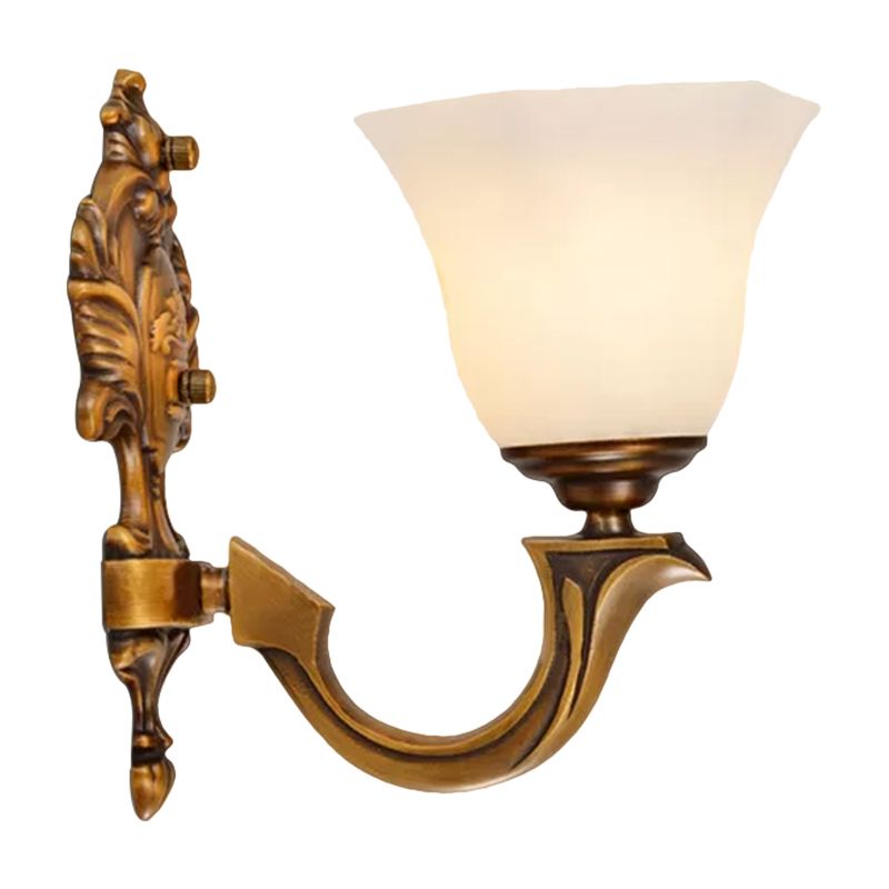 1-Light Sconce Light Fixture Rustic Bedroom Wall Lamp with Hexagonal Bell Frosted Glass Shade in Brass