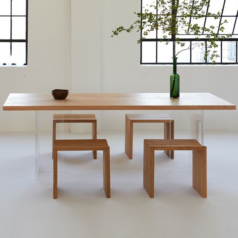 Mesa de comedor de madera de casas simples Mesa de comedor de forma rectangular con base de plástico doble