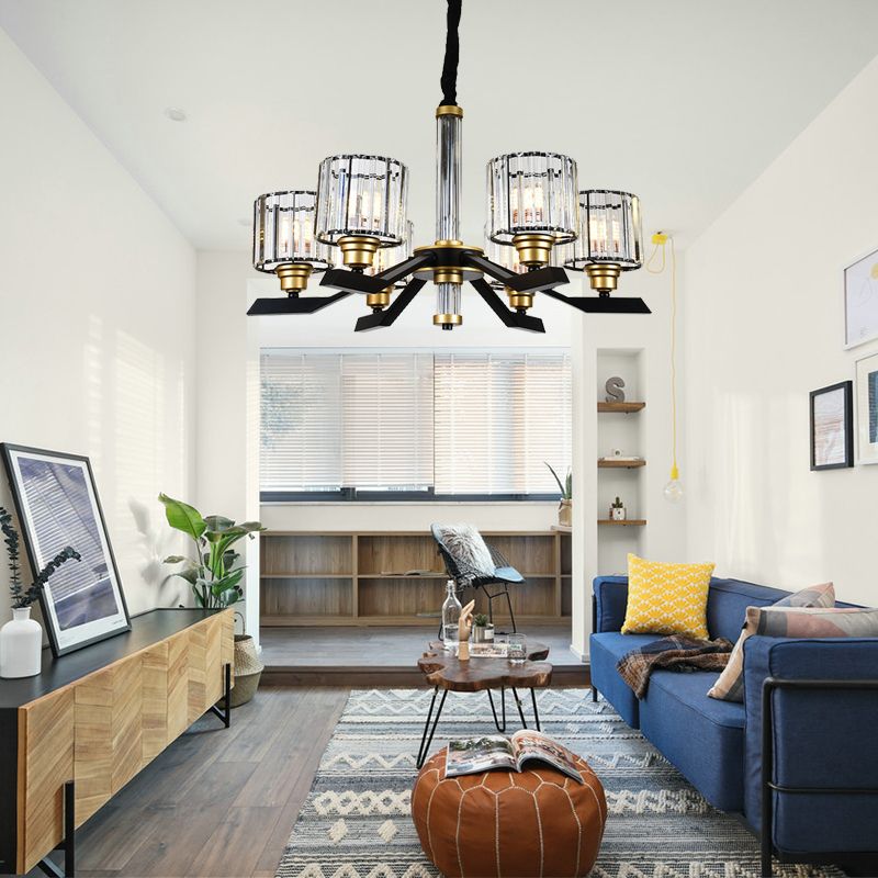 Tri-Sided Crystal Rod Cylinder Pendant Lighting Contemporary 6/8 Heads Black Hanging Chandelier