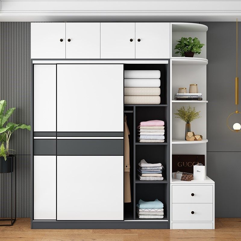 Contemporary Style Wooden Wardrobe White Colour Cloth Rod Included Wardrobe Closet