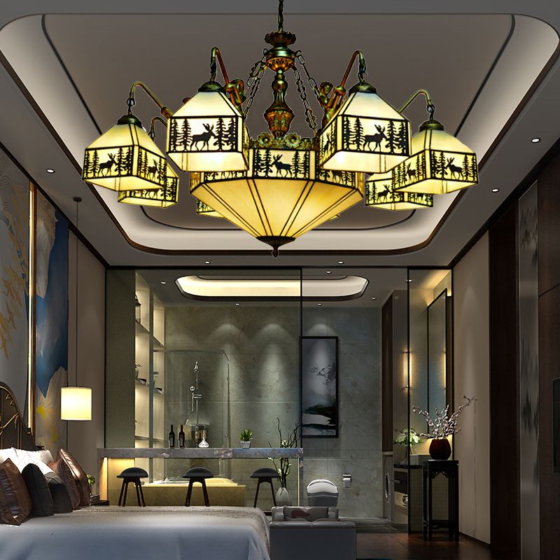 9-Light Small House Inverted Chandelier Country Stained Glass Hanging Fixture