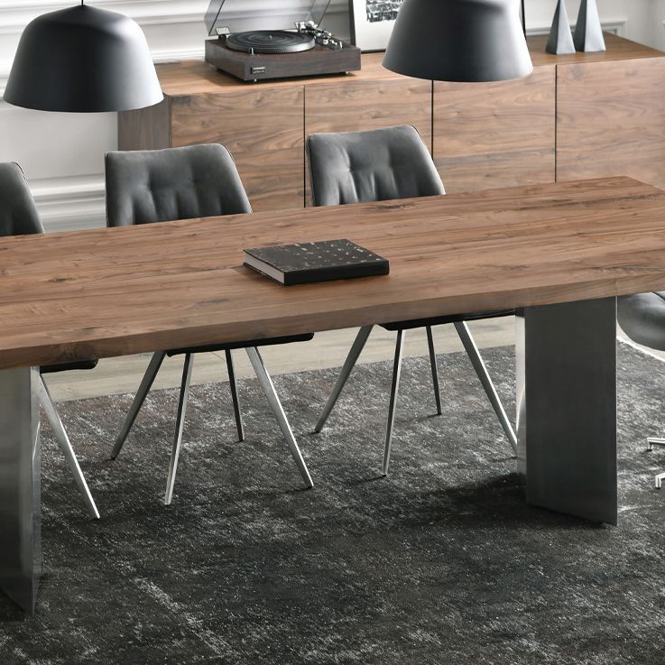 Rectangle Glam Dining Table Solid Wood Brown Fixed Table with Double Pedestal Base