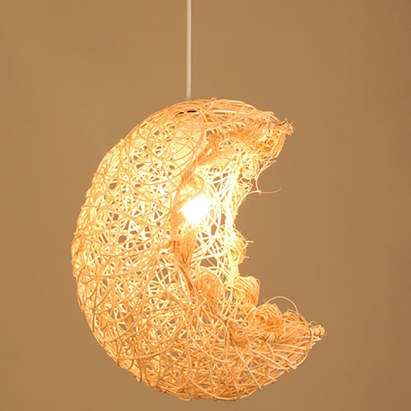 Asian Pendant Lighting Fixture 1-Light Beige Hanging Lamp Kit with Rattan Shade