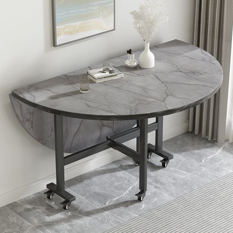 Modern Foldable Dining Table Round Grey Wood Tabletop with Metal Trestle Base