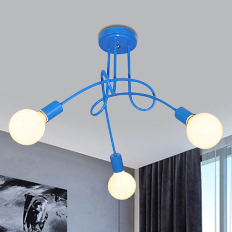 Curved Arm Semi Flush Lighting Contemporary Metal 3/5 Lights Blue/Red Semi Flush Ceiling Lamp Fixture