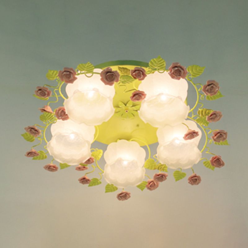 Floral White Glass Ceiling Mounted Fixture Traditional 3/5 Bulbs Living Room Flush Mount Lamp in Pink/Green